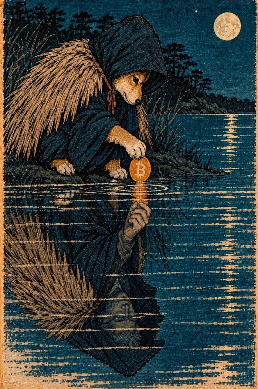 Satoshi Inu reflecting a Bitcoin coin over moonlit water