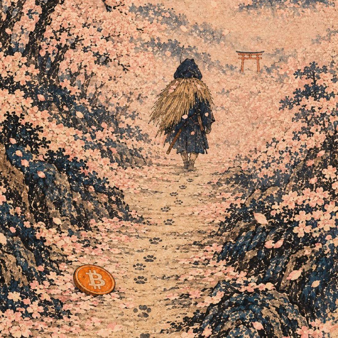 A hooded Shiba warrior walking through cherry blossoms toward a torii gate