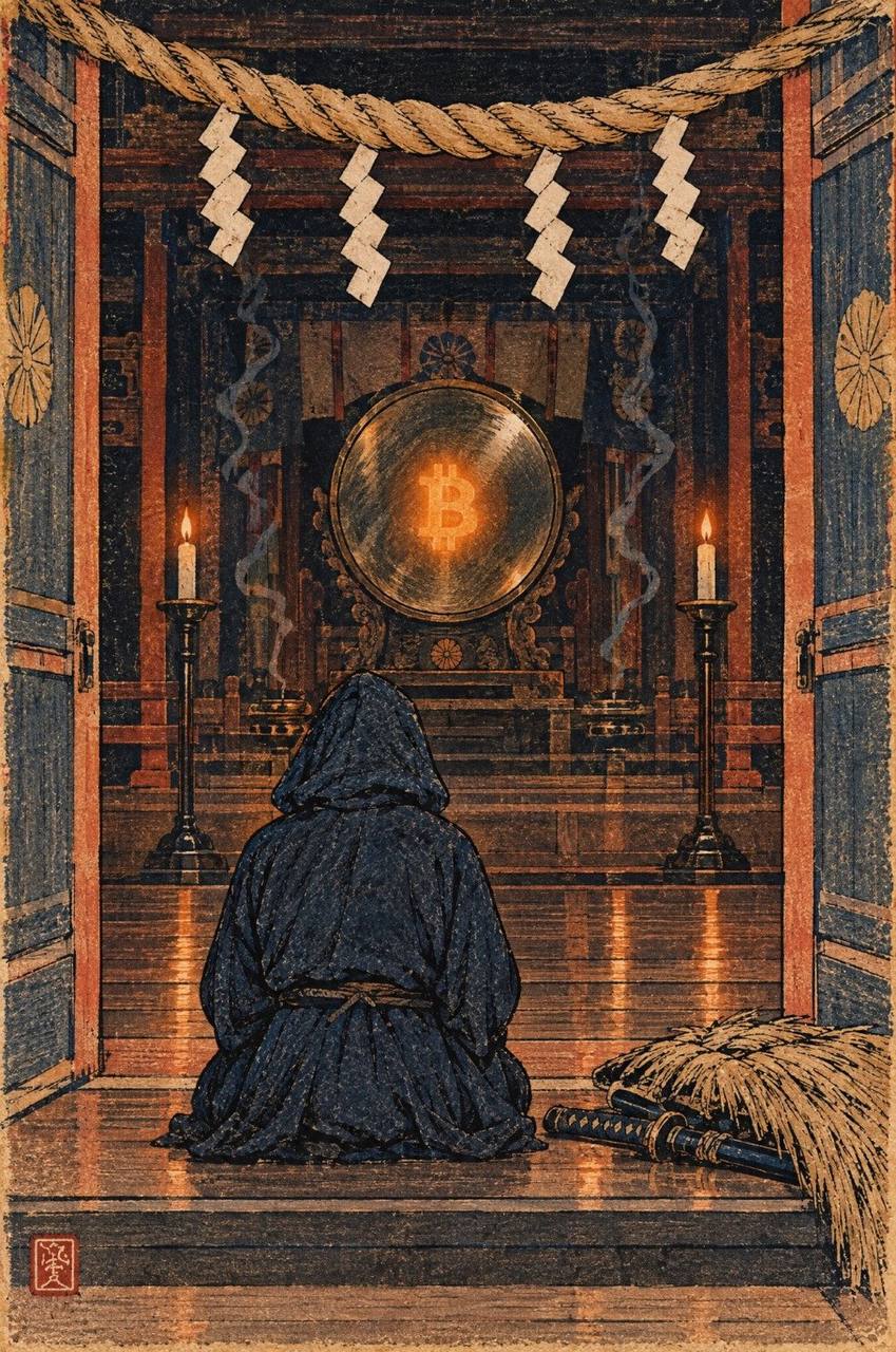 The warrior kneels before a glowing Bitcoin shrine