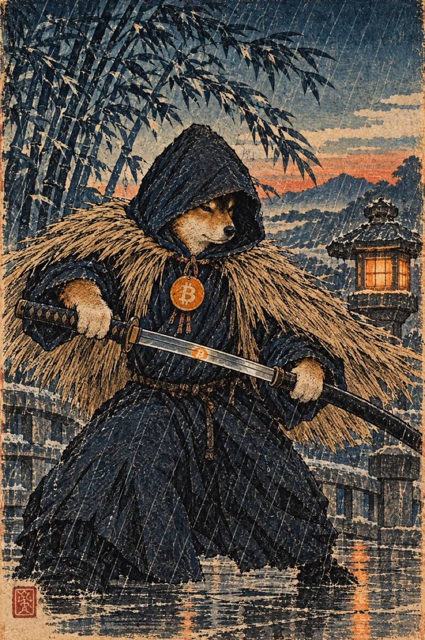 Satoshi Inu draws a katana in the rain
